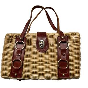 Woven Bag Coated Wicker Leather Straps Handbag Double Handles 11" x  6" x 3"